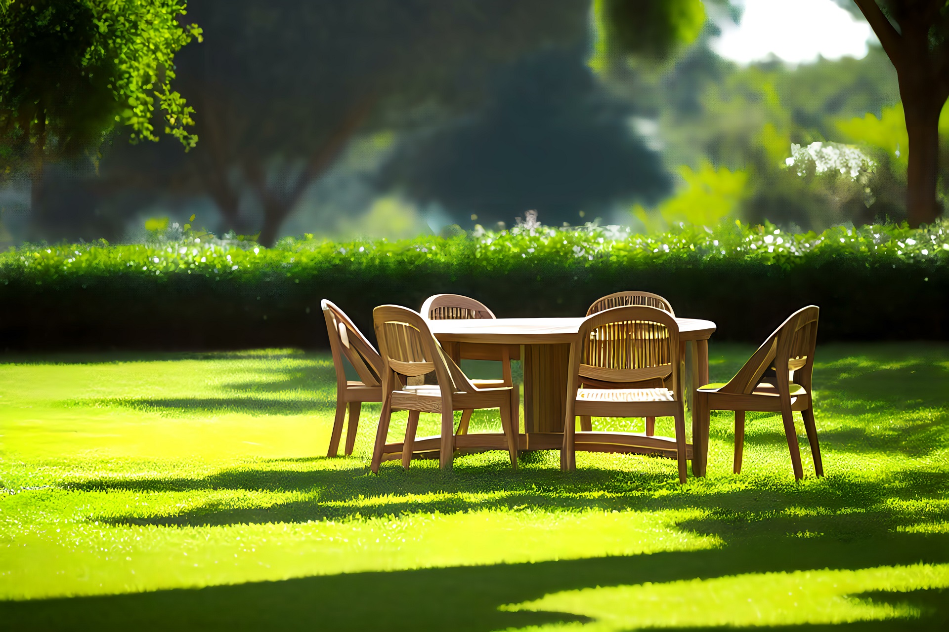 Ovaler Teakholztisch mit Stapelsesseln, auf grünem Rasen mit Gartenkulisse und blauem Himmel