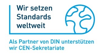 Logo mit Text 'Wir setzen Standards weltweit' und stilisierte Weltkugel