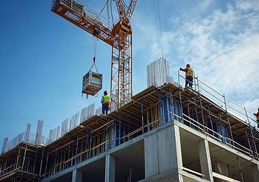 Baustelle eines Hauses von unten fotografiert