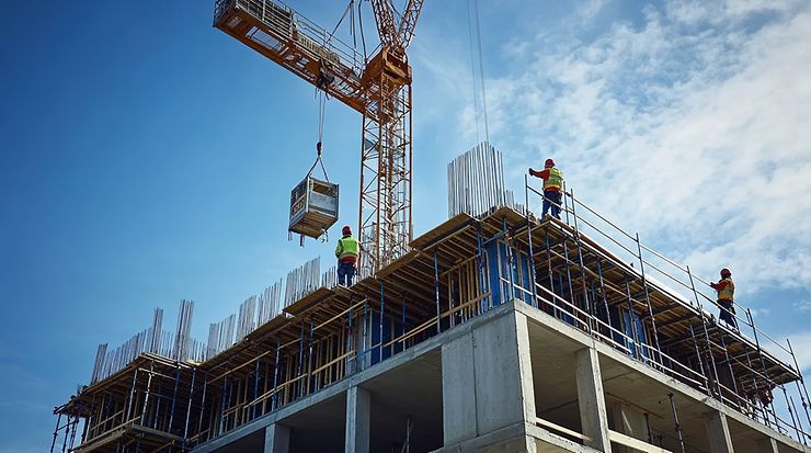 Baustelle eines Hauses von unten fotografiert