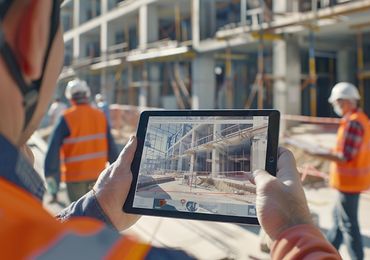 Mann steht mit iPad auf Baustelle und betrachtet 3D-Animation darin