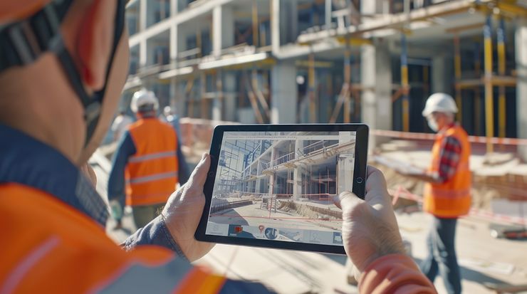 Mann steht mit iPad auf Baustelle und betrachtet 3D-Animation darin