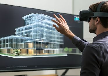 Mann mit Augmented Reality Brille vor einem Bildschirm, auf dem eine 3D-Skizze zu sehen ist