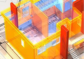 Ein virtuelles Modellhaus auf einem Bauplan