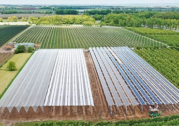 Draufsicht einer Solaranlage in Mitten von Feldern