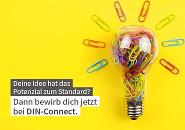 Glühbirne auf gelbem Hintergrund - Deine Idee hat das Potenzial zum Standard? Dann bewirb dich jetzt bei DIN-Connect