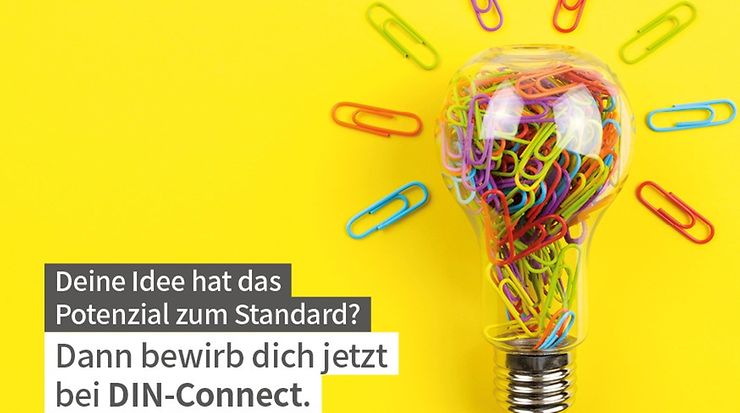 Glühbirne auf gelbem Hintergrund - Deine Idee hat das Potenzial zum Standard? Dann bewirb dich jetzt bei DIN-Connect